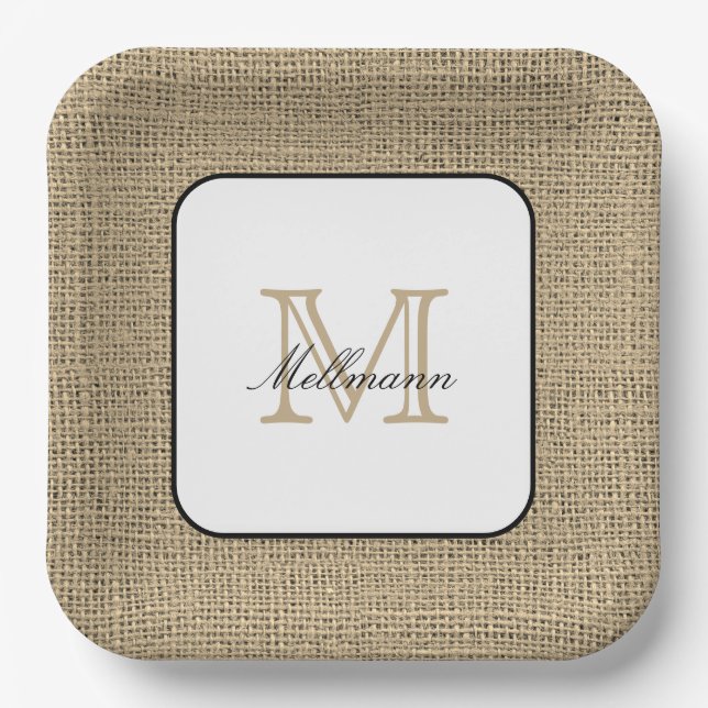 Elegante Monogram Name Chic Farmhouse Style Burlap Pappteller (Vorderseite)