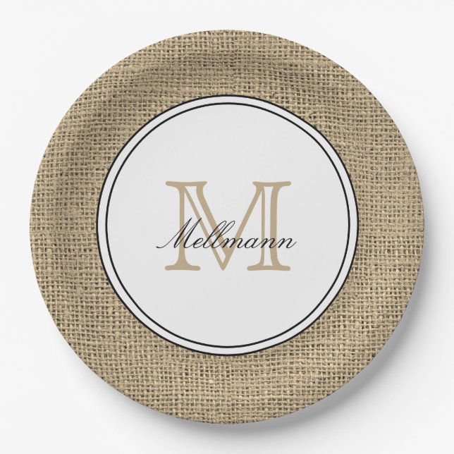 Elegante Monogram Name Country Chic Style Burlap Pappteller (Vorderseite)
