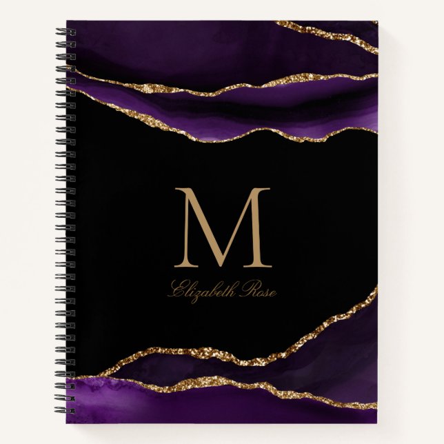 Elegante Monogram Name Lila Agate Gold Black Notizbuch (Vorderseite)