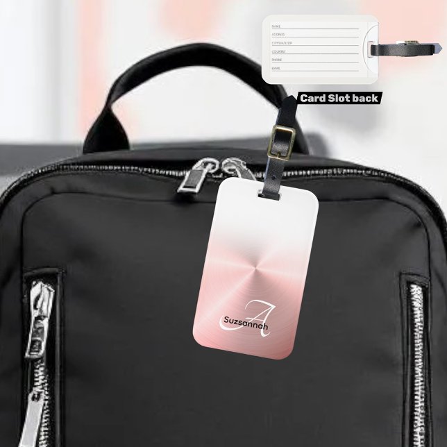 Elegante Monogram Name Rose Gold Imitate Metal Gepäckanhänger (faux metallic monogram back luggage tag slot back)