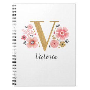 Elegante Monogram Name White Pink Floral Script Notizblock