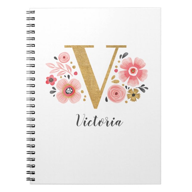 Elegante Monogram Name White Pink Floral Script Notizblock (Vorderseite)