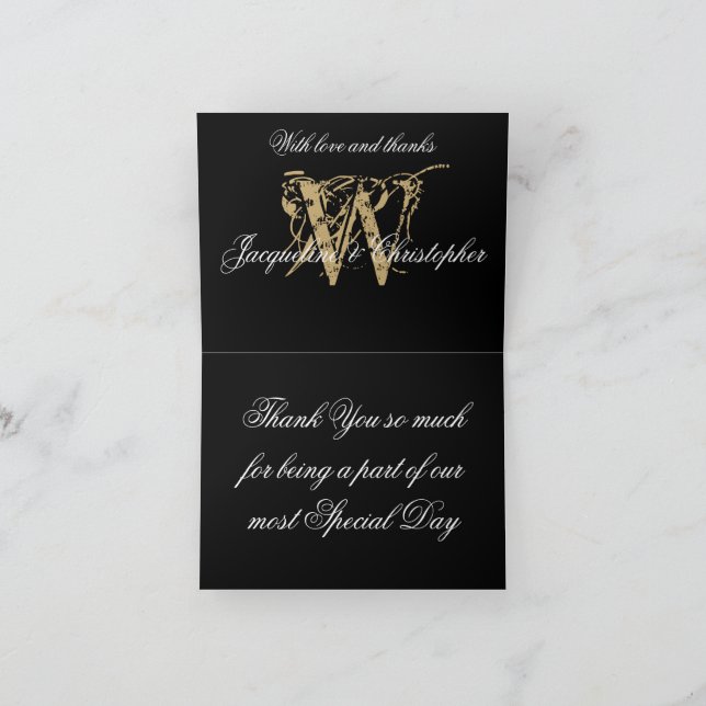 Elegante Monogram-Namen Schwarzes Gold geklappt Dankeskarte (Innenseite)