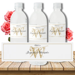 Elegante Monogram Names Chic White & Gold Wedding Wasserflaschenetikett