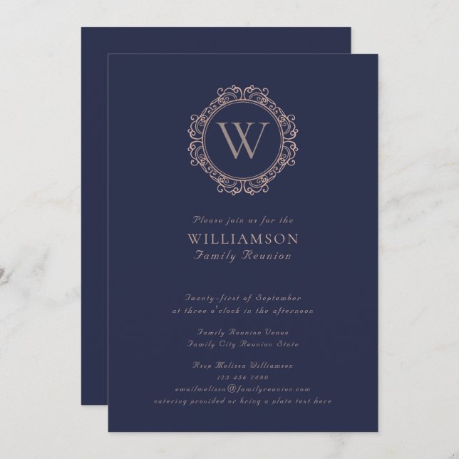 Elegante Monogram Navy Blue Family Wiedersehen Einladung (Vorne/Hinten)