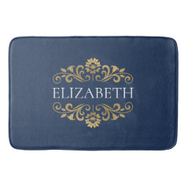 Elegante Monogram Navy Blue Gold Bath Mat Badematte