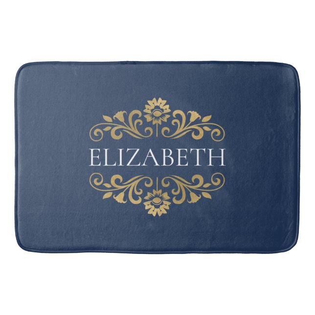 Elegante Monogram Navy Blue Gold Bath Mat Badematte (Vorderseite)