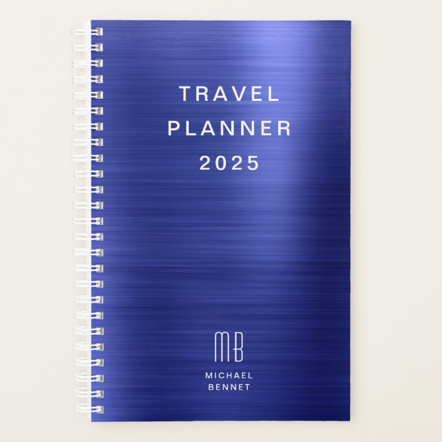 Elegante Monogram Navy Blue Travel Planer (Vorderseite)