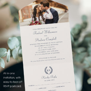 Elegante Monogram Navy Blue Wedding All In One Einladung