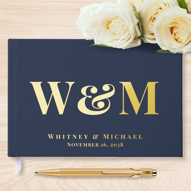 Elegante Monogram Navy Blue Wedding Gästebuch (Von Creator hochgeladen)