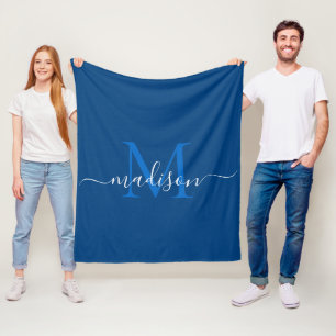 Elegante Monogram Navy Blue White Modern Script Fleecedecke