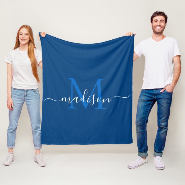 Elegante Monogram Navy Blue White Modern Script Fleecedecke (Beispiel)