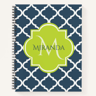 Elegante Monogram Navy Green Quatrefolie und Name Notizbuch