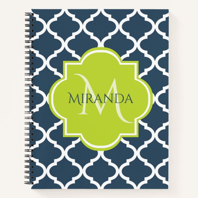Elegante Monogram Navy Green Quatrefolie und Name Notizbuch (Vorderseite)