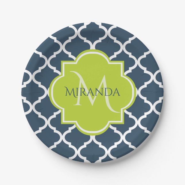 Elegante Monogram Navy Green Quatrefolie und Name Pappteller (Vorderseite)