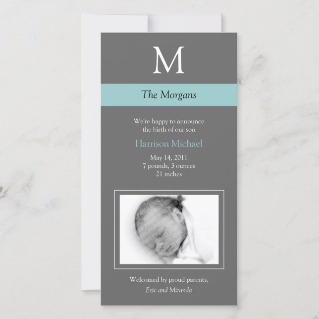 Elegante Monogram New Baby Foto Card - Grau/blau Ankündigung (Vorderseite)