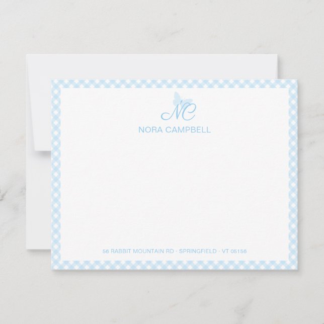 Elegante Monogram Niedlich Baby Blue Gingham Karo Mitteilungskarte (Vorderseite)