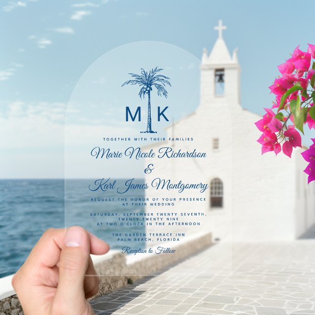Elegante Monogram Palm Tree Formal Beach Wedding Acryleinladungen (Elegant Monogram Palm Tree Formal Beach Wedding Acrylic Invitations)