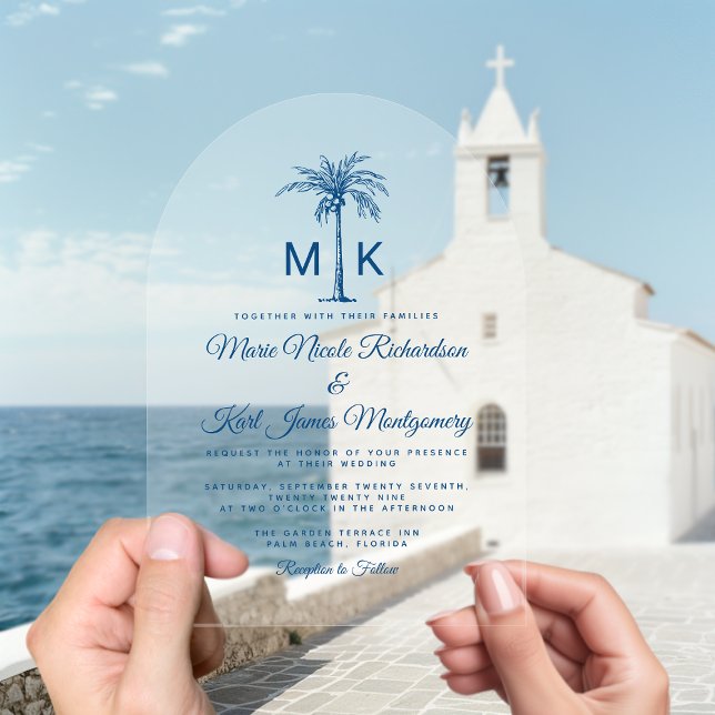 Elegante Monogram Palm Tree Formal Beach Wedding Acryleinladungen (Elegant Monogram Palm Tree Formal Beach Wedding Acrylic Invitation)