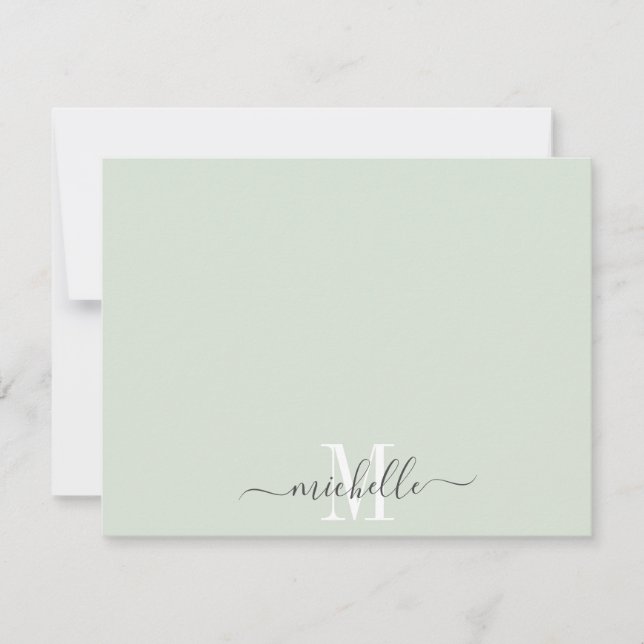 Elegante Monogram Pastel Green White Script Name Mitteilungskarte (Vorderseite)
