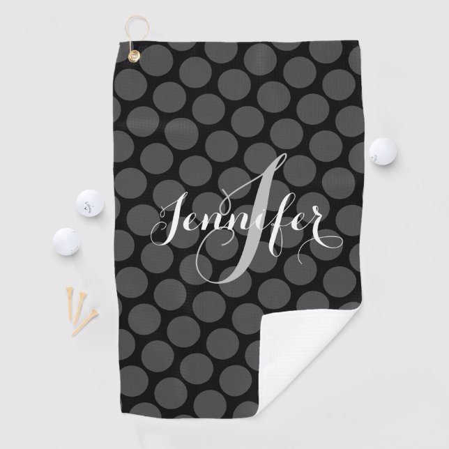 Elegante Monogram Personalisiert Gray Polka Dots Golfhandtuch (Insitu)
