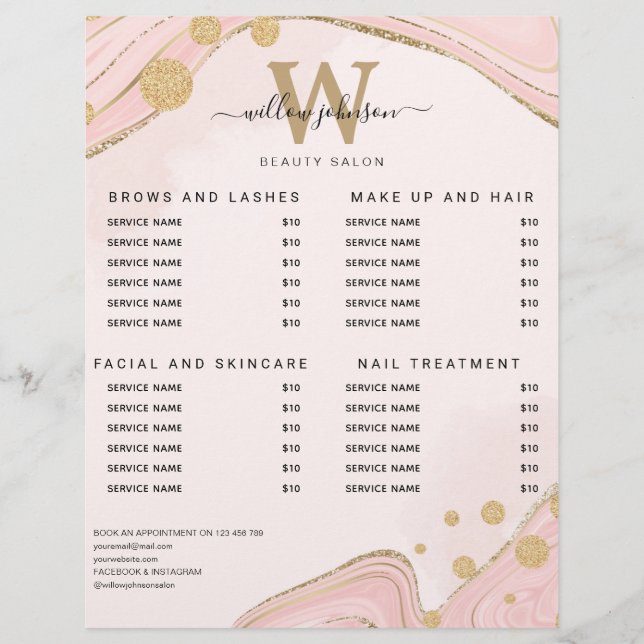 Elegante Monogram Pink Gold Marble Agate Preislist Flyer (Vorne)