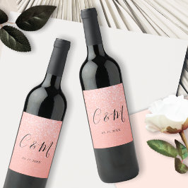 Elegante Monogram Pink - Orange Glitzer Wedding Weinetikett