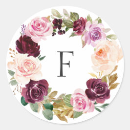 Elegante Monogram Plum Lila Fall Floral Wedding Runder Aufkleber