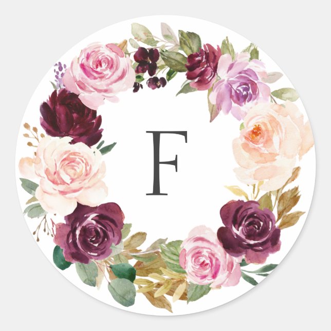 Elegante Monogram Plum Lila Fall Floral Wedding Runder Aufkleber (Vorderseite)