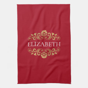Elegante Monogram Red Gold Weihnachtsküche Handtu Geschirrtuch