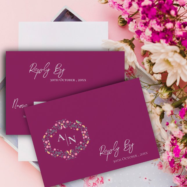 Elegante Monogram Red Intricate Floral Wedding RSVP Karte (Elegant Monogram Red Intricate Floral Wedding RSVP Card)