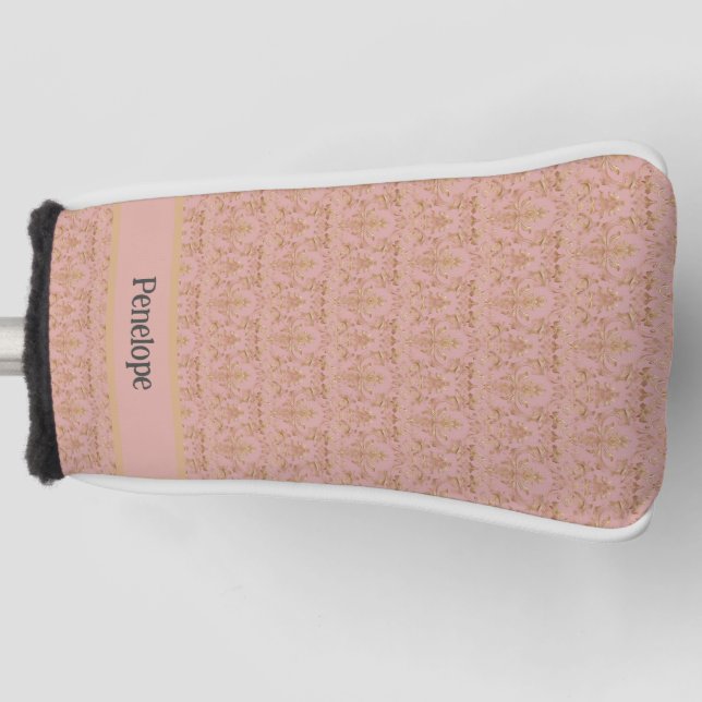Elegante Monogram Rosa und Gold Damask Golf Headcover (Vorderseite)