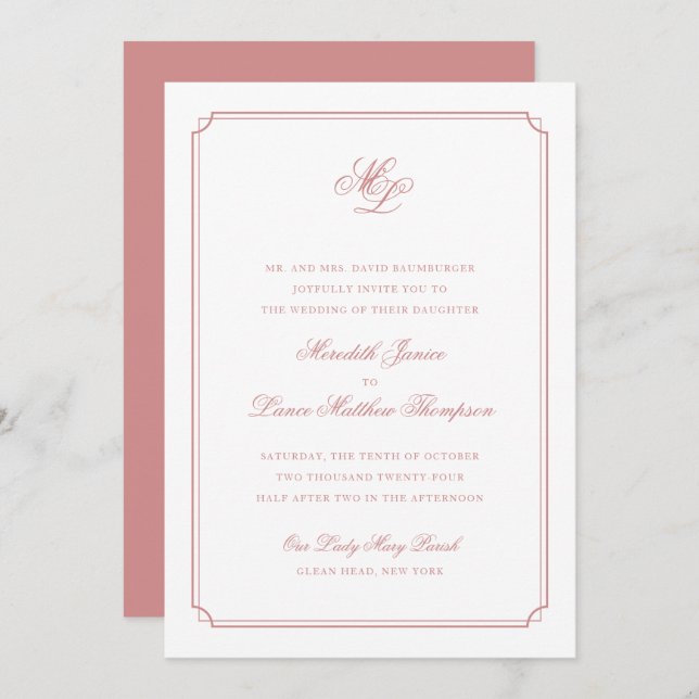 Elegante Monogram Rose Blush Script Hochzeit Einladung (Vorne/Hinten)