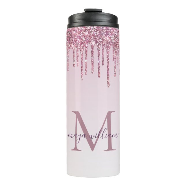 Elegante Monogram Rose Glitzer Tropfen Thermosbecher (Vorderseite)
