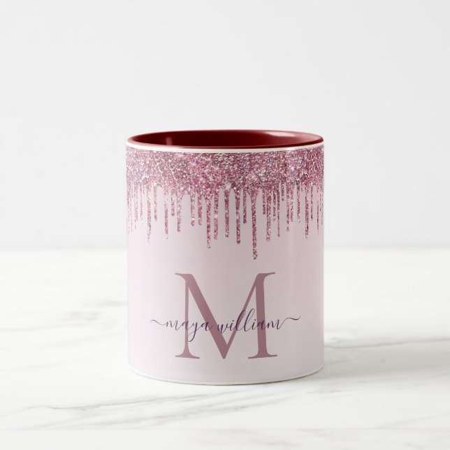 Elegante Monogram Rose Glitzer Tropfen Zweifarbige Tasse (Mittel)