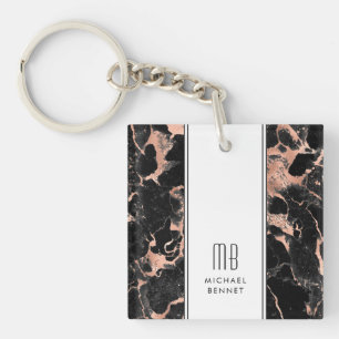 Elegante Monogram Rose Gold Black Marble Schlüsselanhänger
