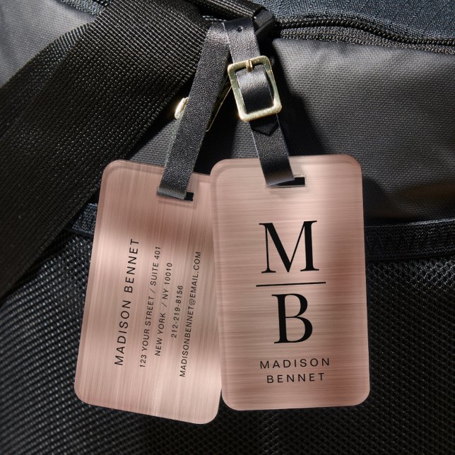 Elegante Monogram-Rose Gold gegossene Metallic Gepäckanhänger (Elegant Monogram Rose Gold Brushed Metallic Luggage Tag)