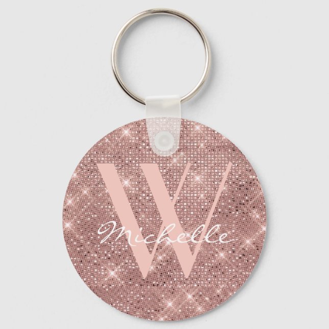 Elegante Monogram Rose Gold Glitzer Name Script Schlüsselanhänger (Vorderseite)