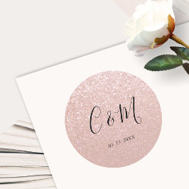 Elegante Monogram Rose Gold Glitzer Wedding Runder Aufkleber