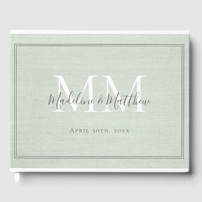 Elegante Monogram Rustic Sage Green Linen Wedding Gästebuch (Vorderseite)