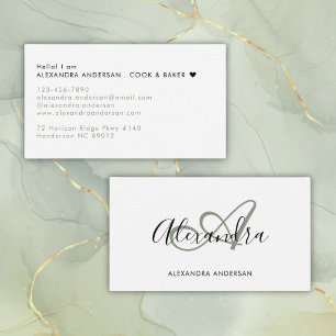 Elegante Monogram Sage Green Black Script Name Visitenkarte