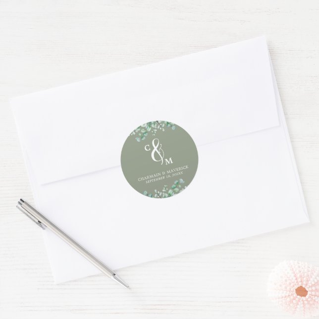 Elegante Monogram Sage Green Wedding Runder Aufkleber (Umschlag)