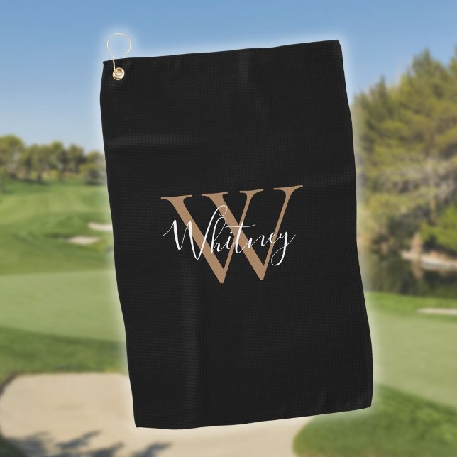 Elegante Monogram Script Black White Golfhandtuch (Elegant Monogram Script Black Gold White Golf Towel)