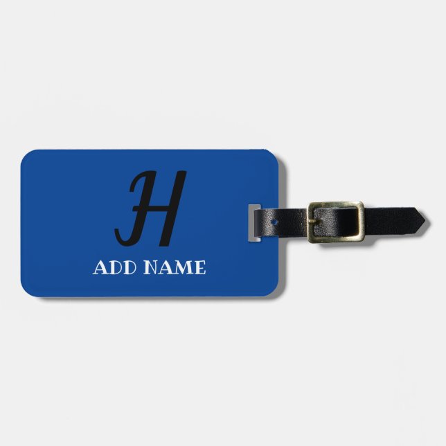 Elegante Monogram Script Moderner Blue Add Name Gepäckanhänger (Vorderseite horizontal)