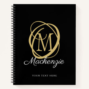 Elegante Monogram Script Name Black Gold Notizbuch