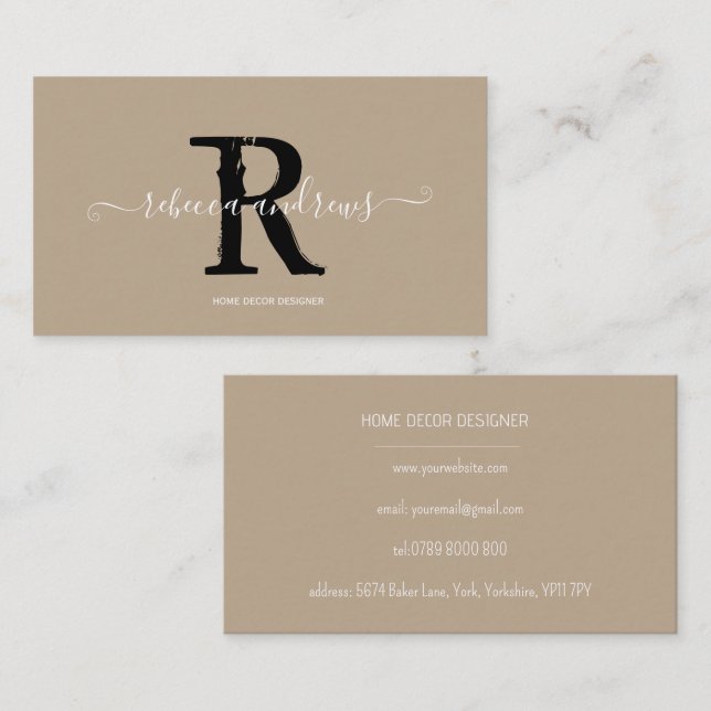 Elegante Monogram Script Name Initial Taupe Visitenkarte (Vorne/Hinten)