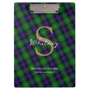 Elegante Monogram Script Name Sutherland Tartan Klemmbrett