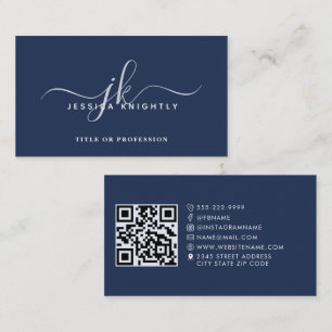 Elegante Monogram Script QR Code Social Media Blue Visitenkarte