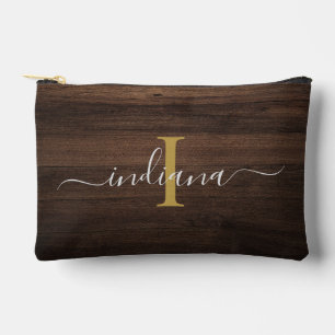 Elegante Monogram Script Rustic Wood Look Zubehörtasche