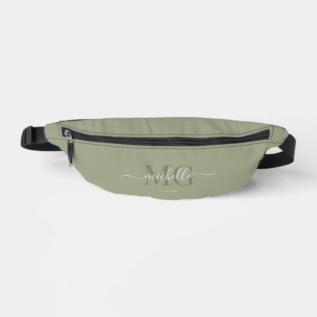 Elegante Monogram Script Sage Green Modern Bauchtasche (Vorderseite)